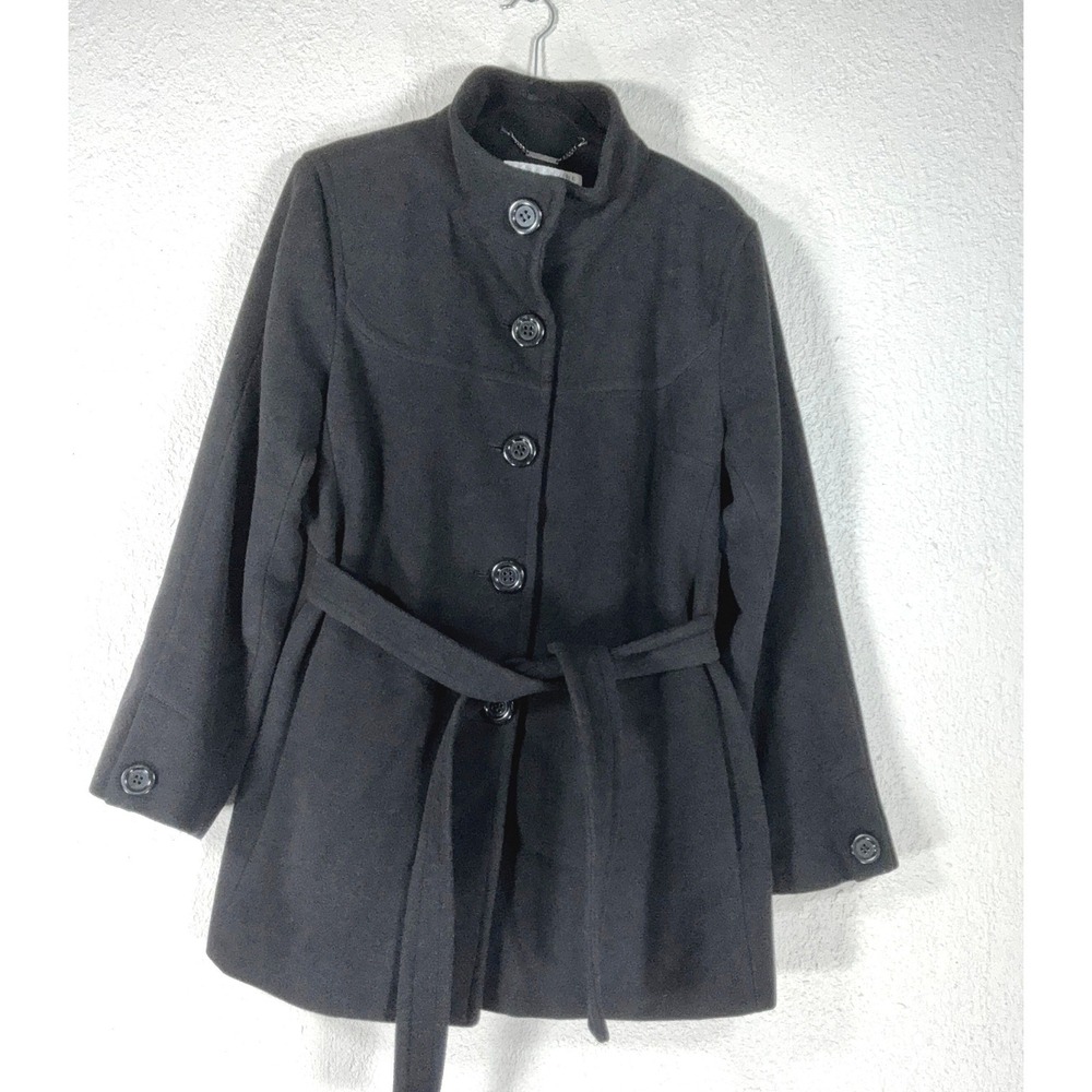 Vintage Larry Levine Black Pea Coat - L - Belted Mock Neck Wool Blend